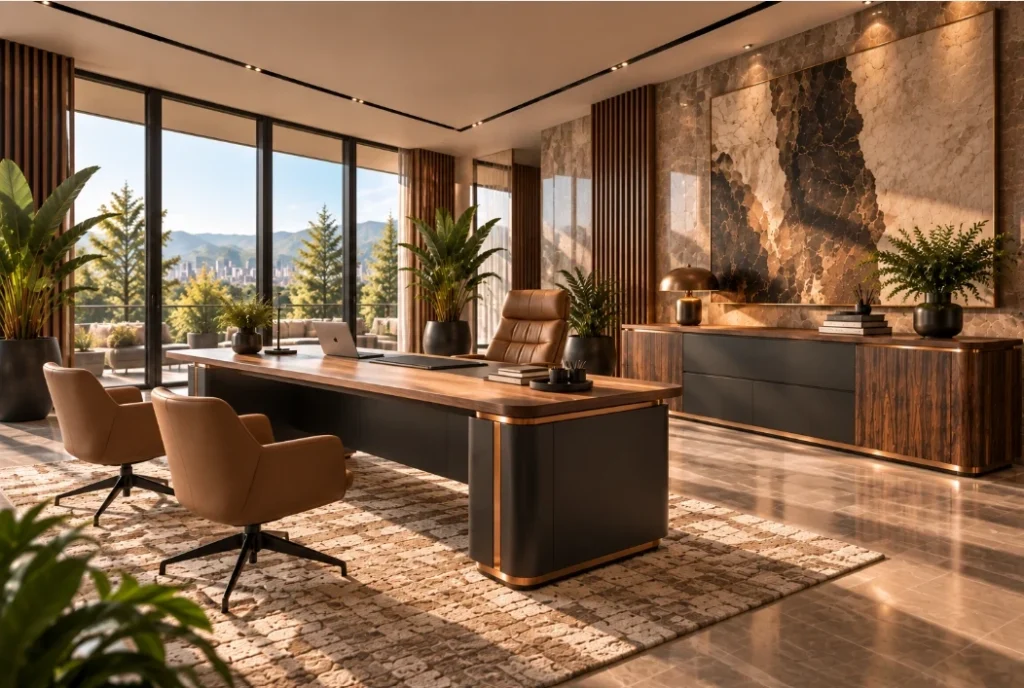 Executive office with a desk and credenza in ebony veneer, black lacquer and copper trims, facing a large window