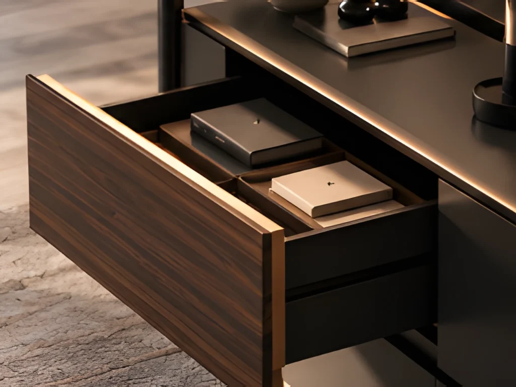 Ebony veneer drawer with concealed soft-close runners