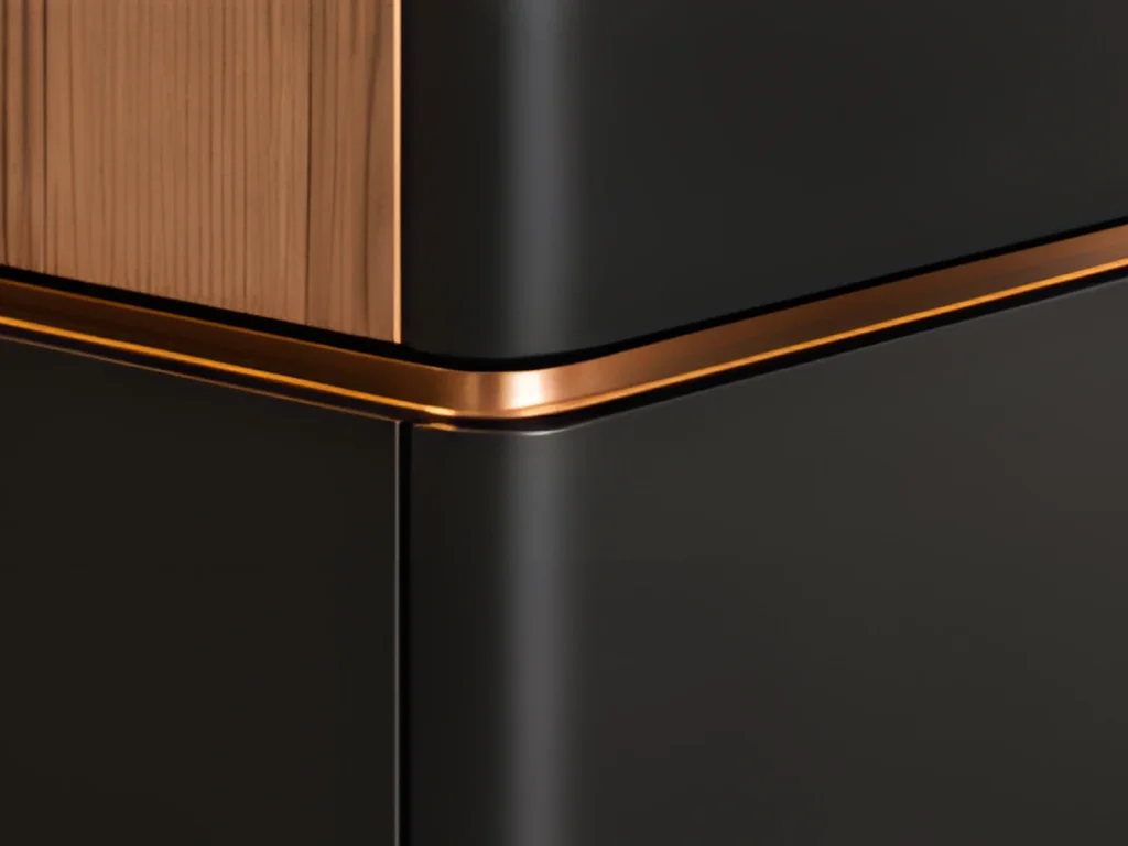 Corner detail in black lacquer with a copper inlay