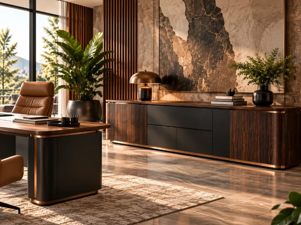 Executive office with a desk and credenza in ebony veneer, black lacquer and copper trims