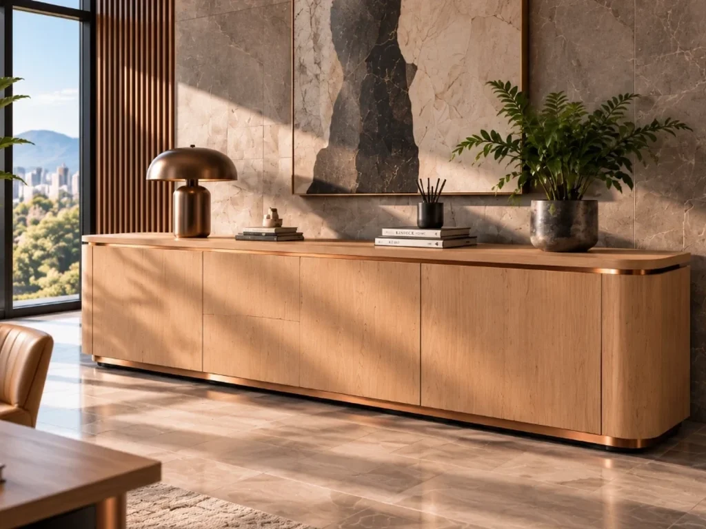 Oak credenza with copper trims in an office with marble wall cladding