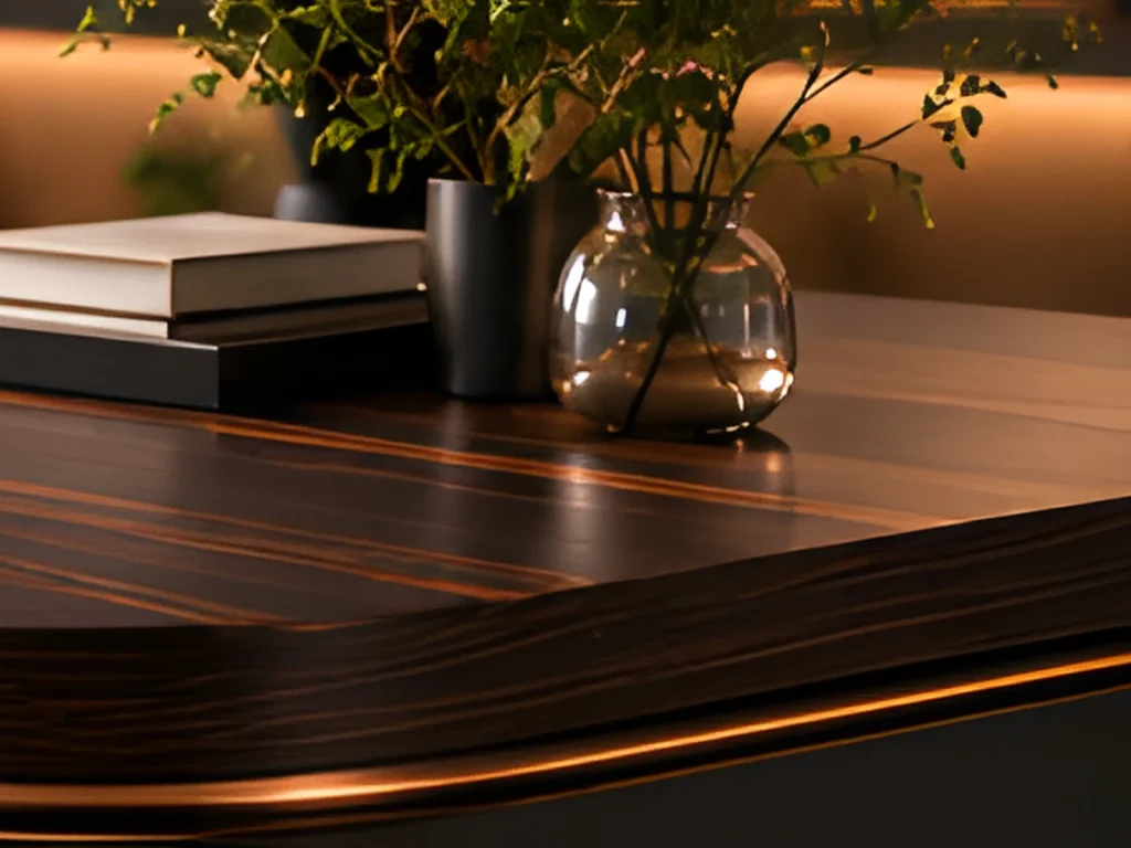 Detail of an executive desk with an ebony top, a copper inlay on the edge and a black lacquer body