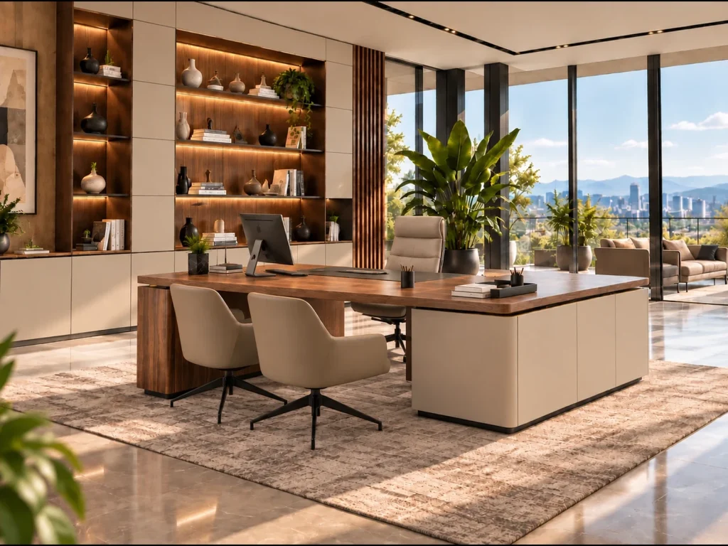 Executive office with a walnut and FENIX Beige Arizona HPL desk, a lit walnut bookcase and city views