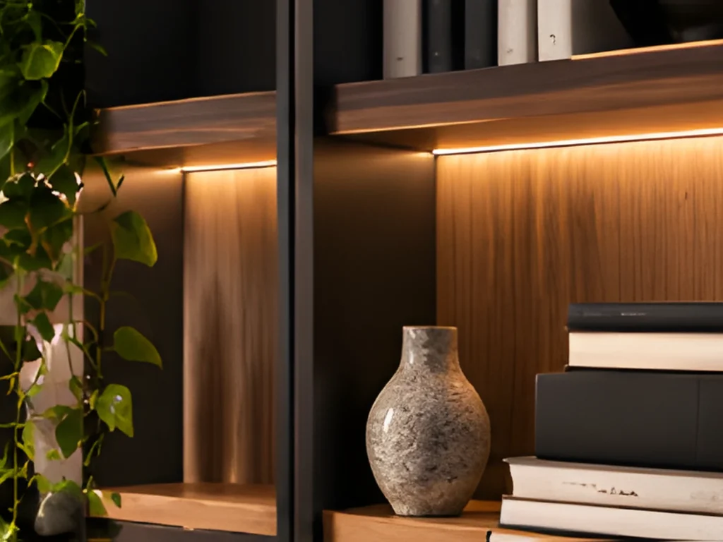 Detail of a wooden shelf with built-in LED light