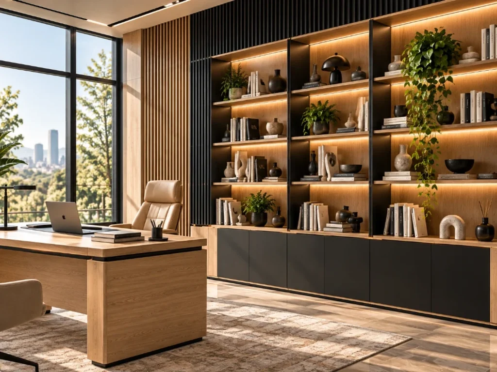 Oak and black lacquer bookcase with LED-lit shelves next to an executive desk