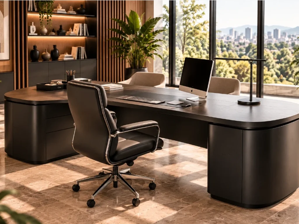 Black lacquer executive desk with rounded pedestals and a leather chair, seen from behind