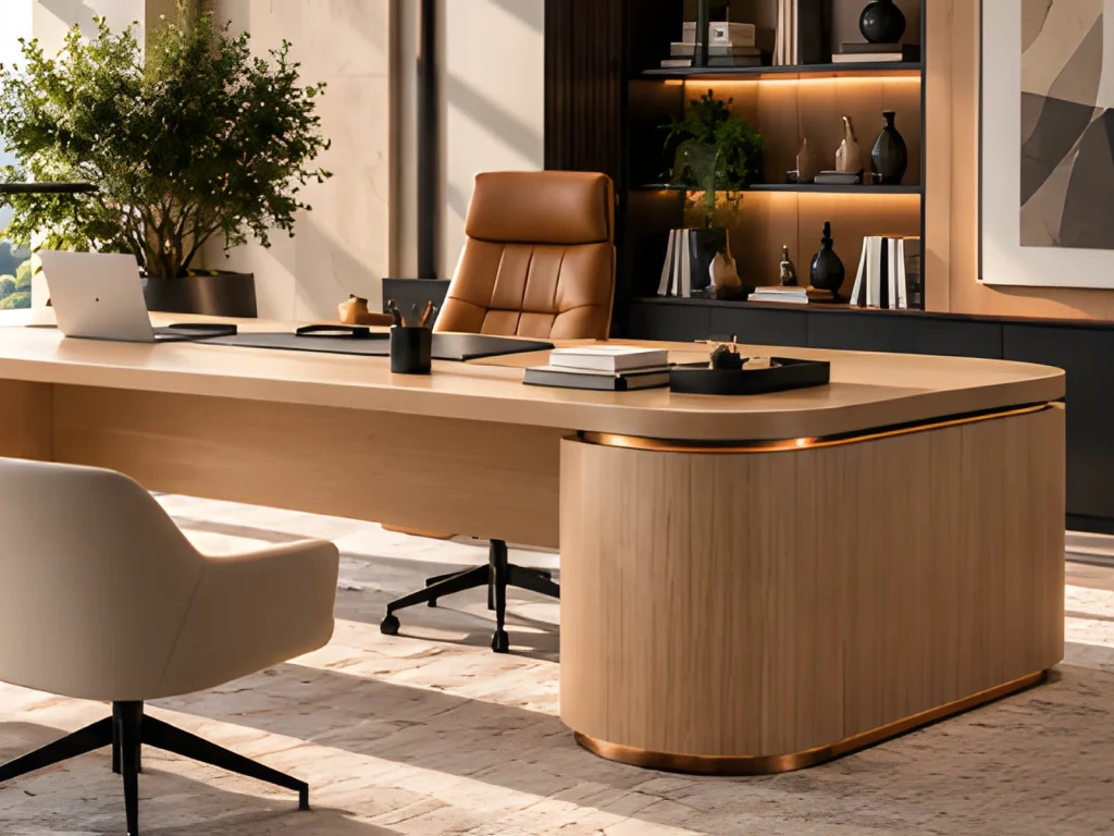 Oak executive desk with a copper-trimmed curved return and a lit bookcase