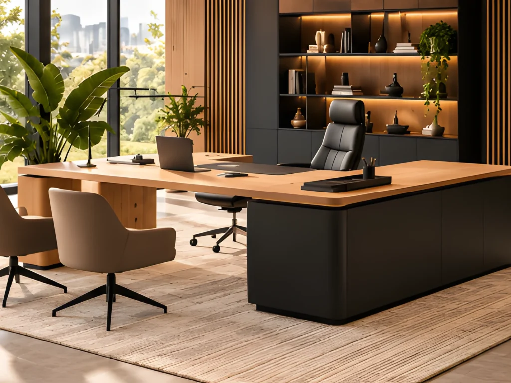Executive desk with a return in oak and black lacquer, and a lit bookcase