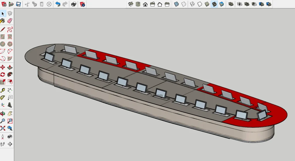 3D model of an oval boardroom table with pop-up monitors at every seat, in the technical office design software