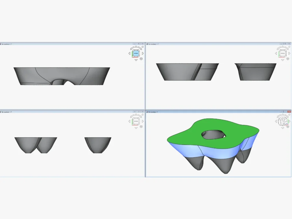 3D model of an organic coffee table with three conical legs, designed by the Eban Premium technical office