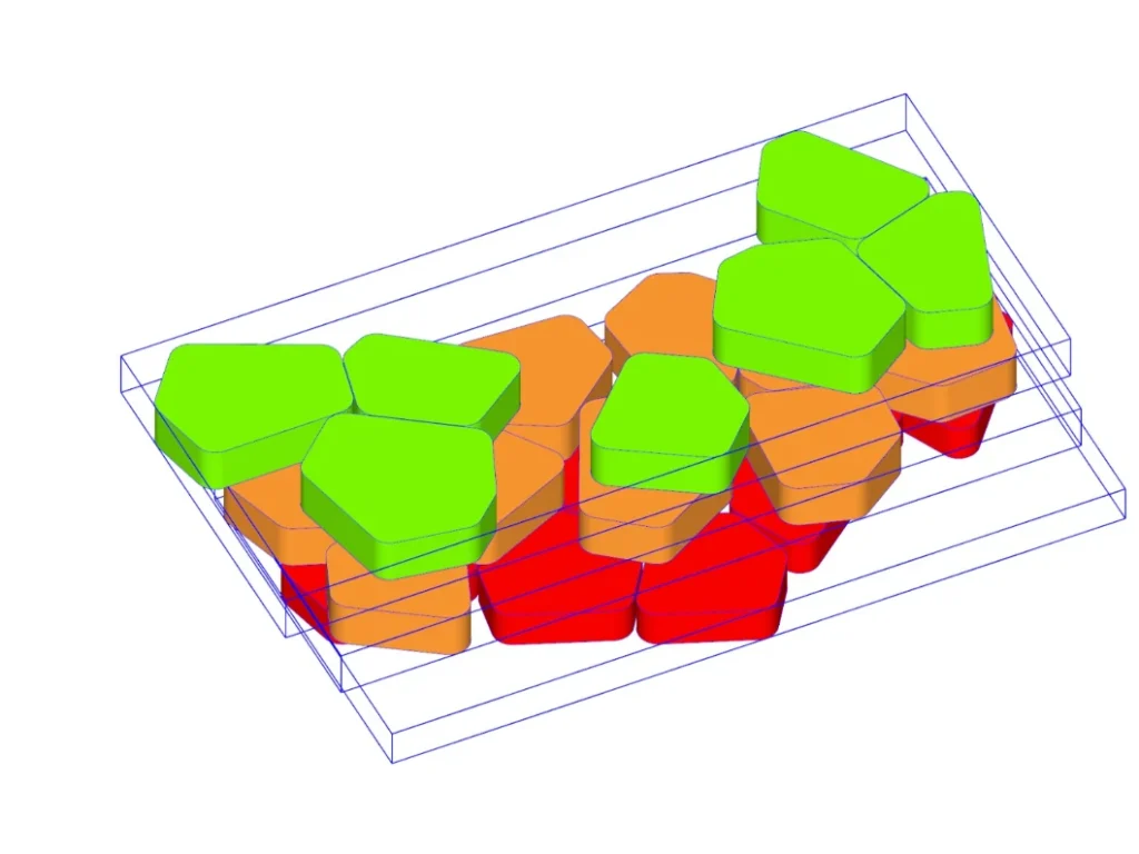 3D model of a table made of polygonal pieces, split into board layers to program its CNC machining