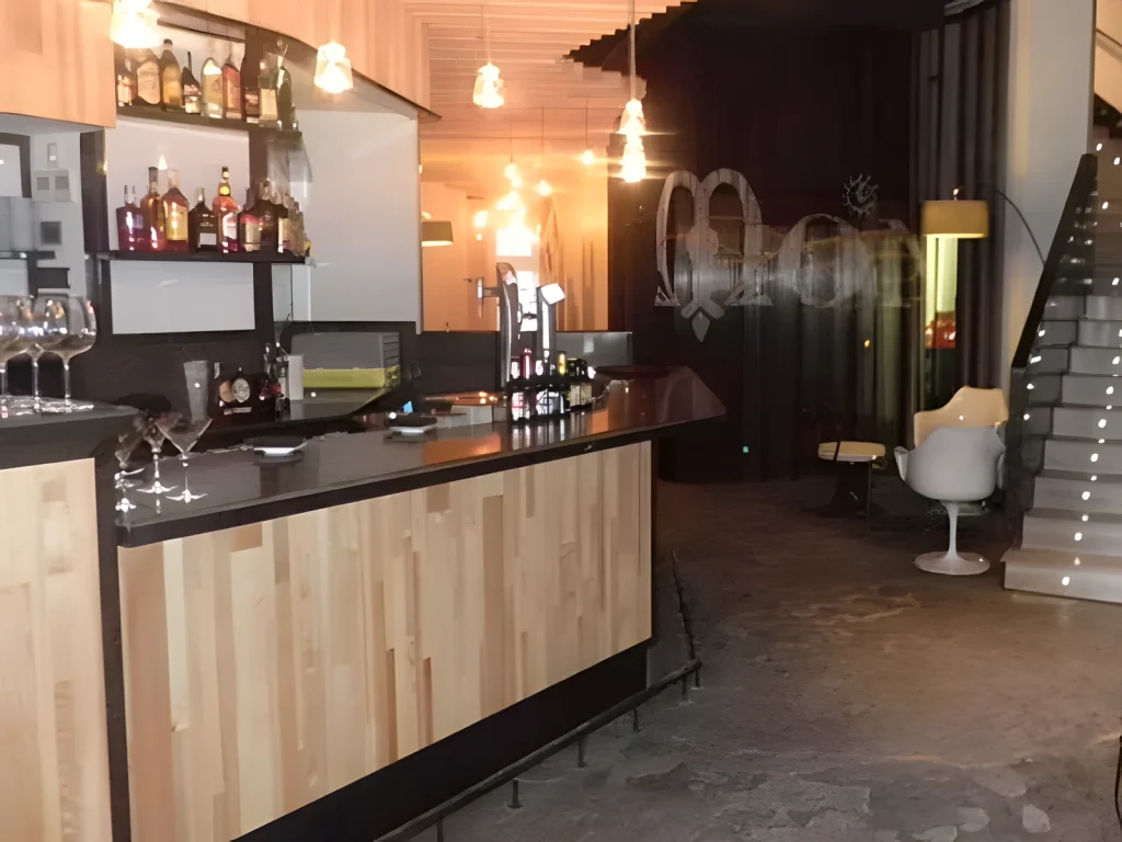 Bar con barra de madera maciza, contrabarra con botellero y techo de listones de madera