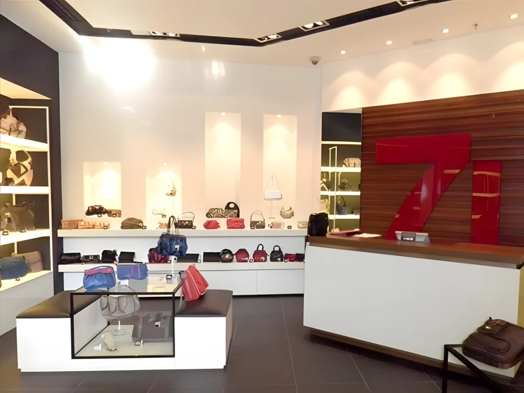 Tienda de bolsos y complementos con mostrador lacado, hornacinas y vitrina central