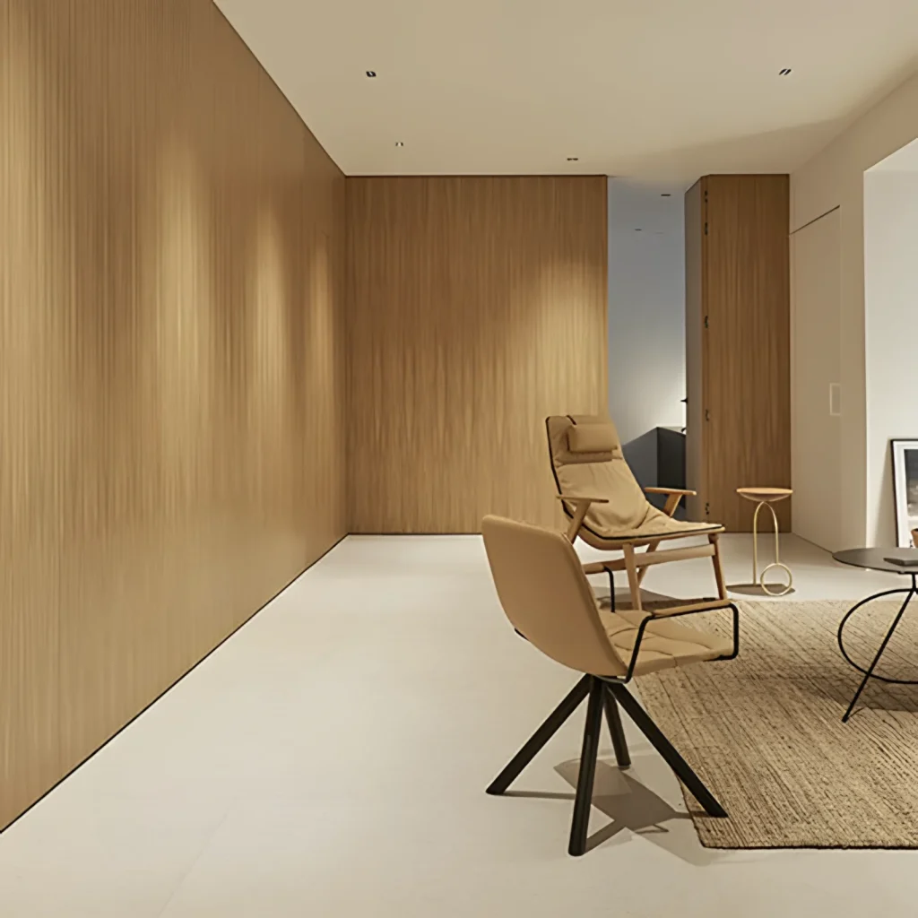 Room clad in natural oak veneer panels, made and installed by Eban Premium