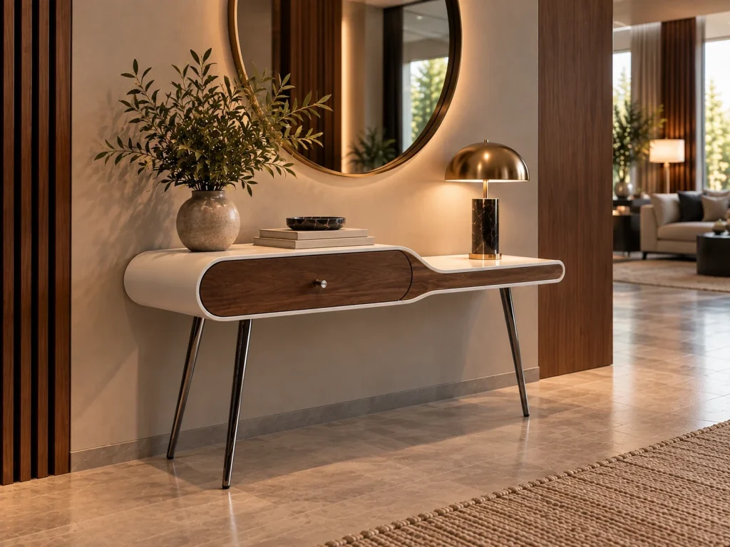 Hallway console in white thermoformed solid surface with walnut drawer fronts and metal legs
