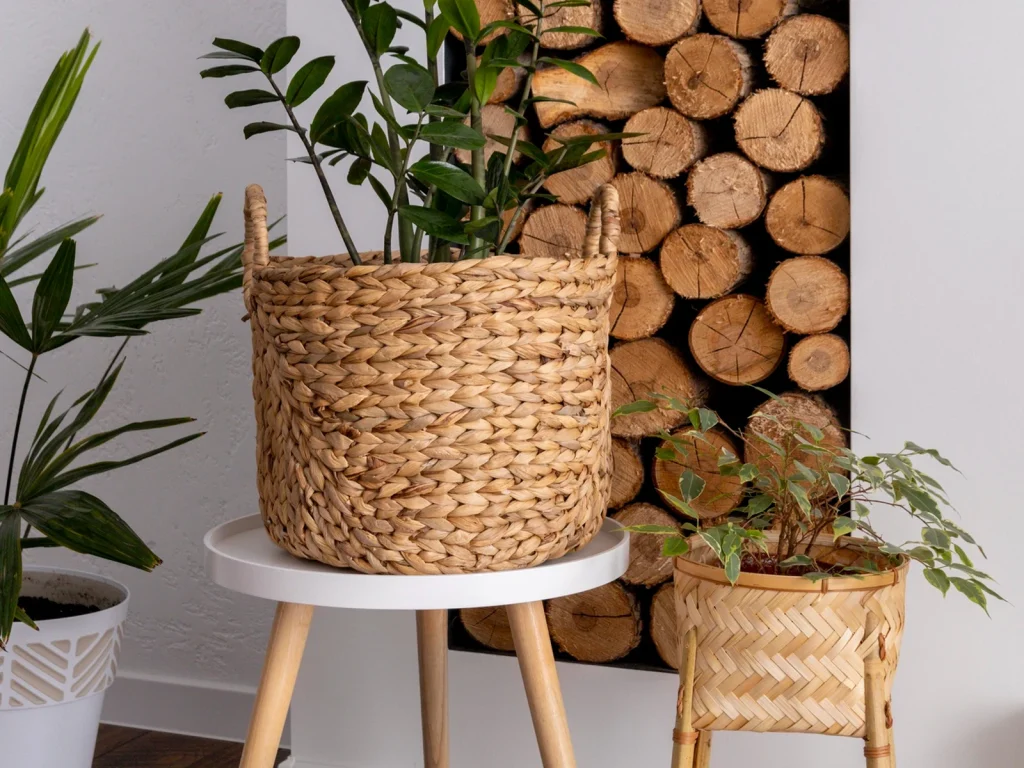 Natural fibre baskets, plants and stacked firewood logs: natural, sustainable raw materials