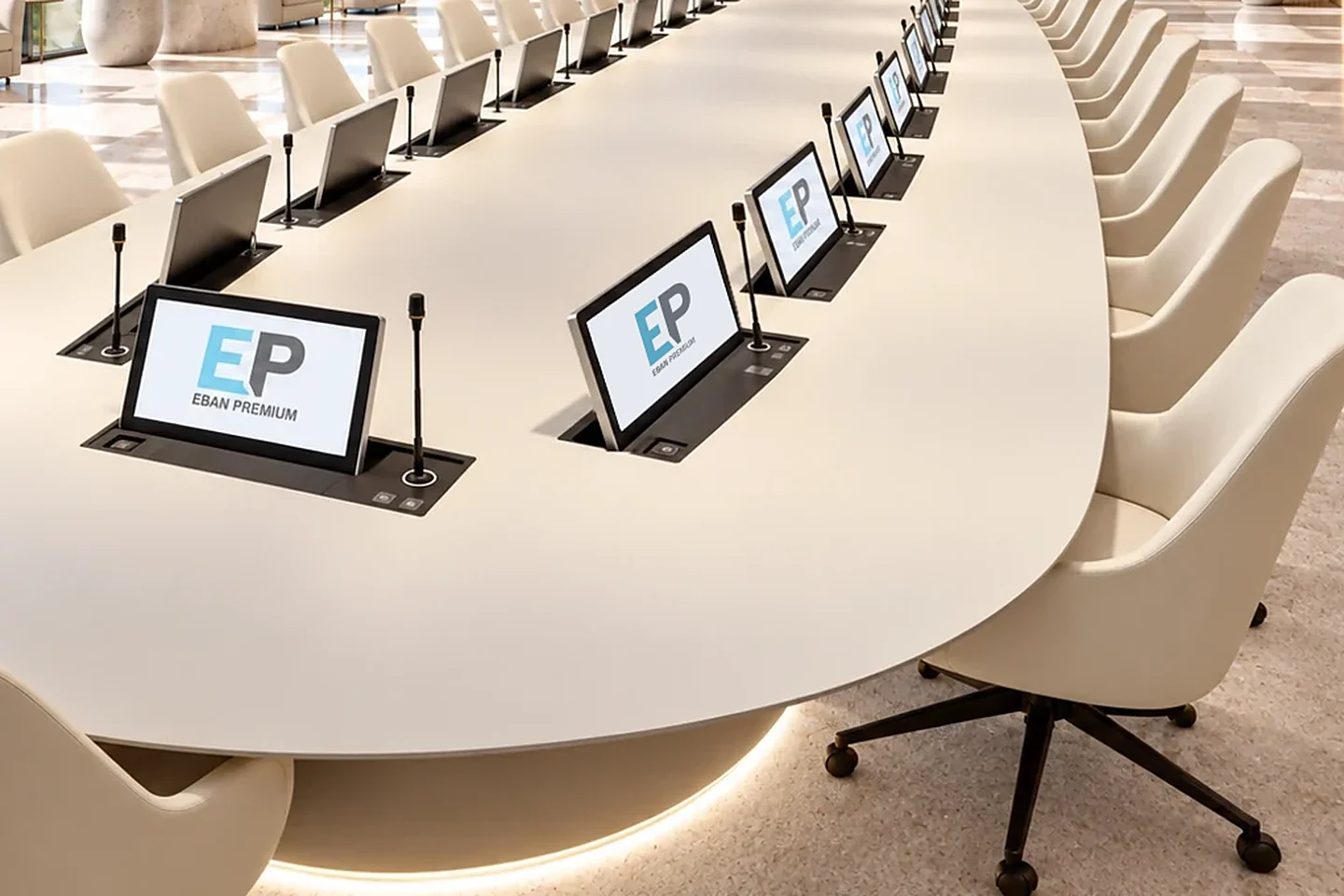 Oval boardroom table with pop-up monitors