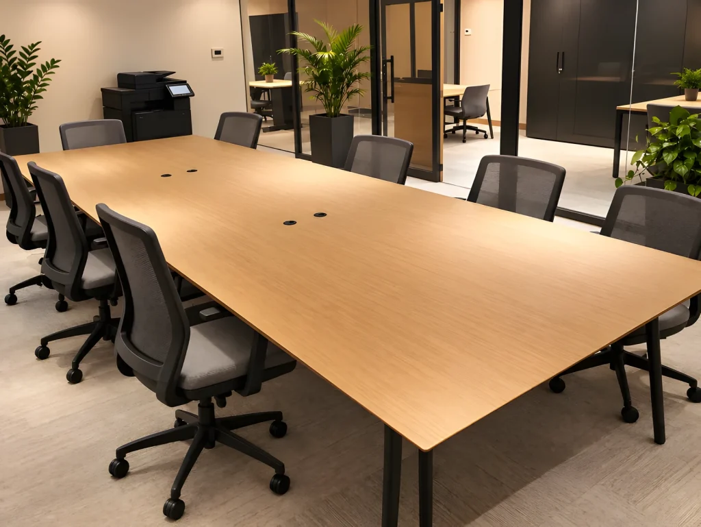 Mesa de oficina de roble con estructura negra y conexiones en la tapa