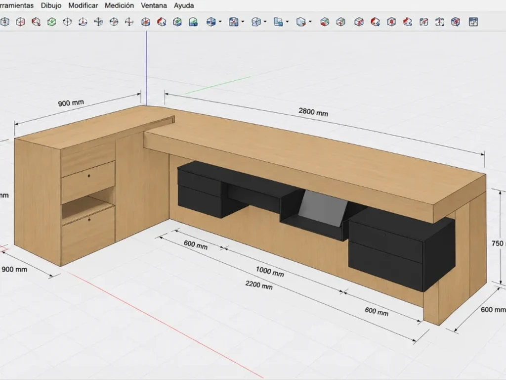 Dimensioned 3D model of an executive desk in oak veneer with black lacquered drawer units