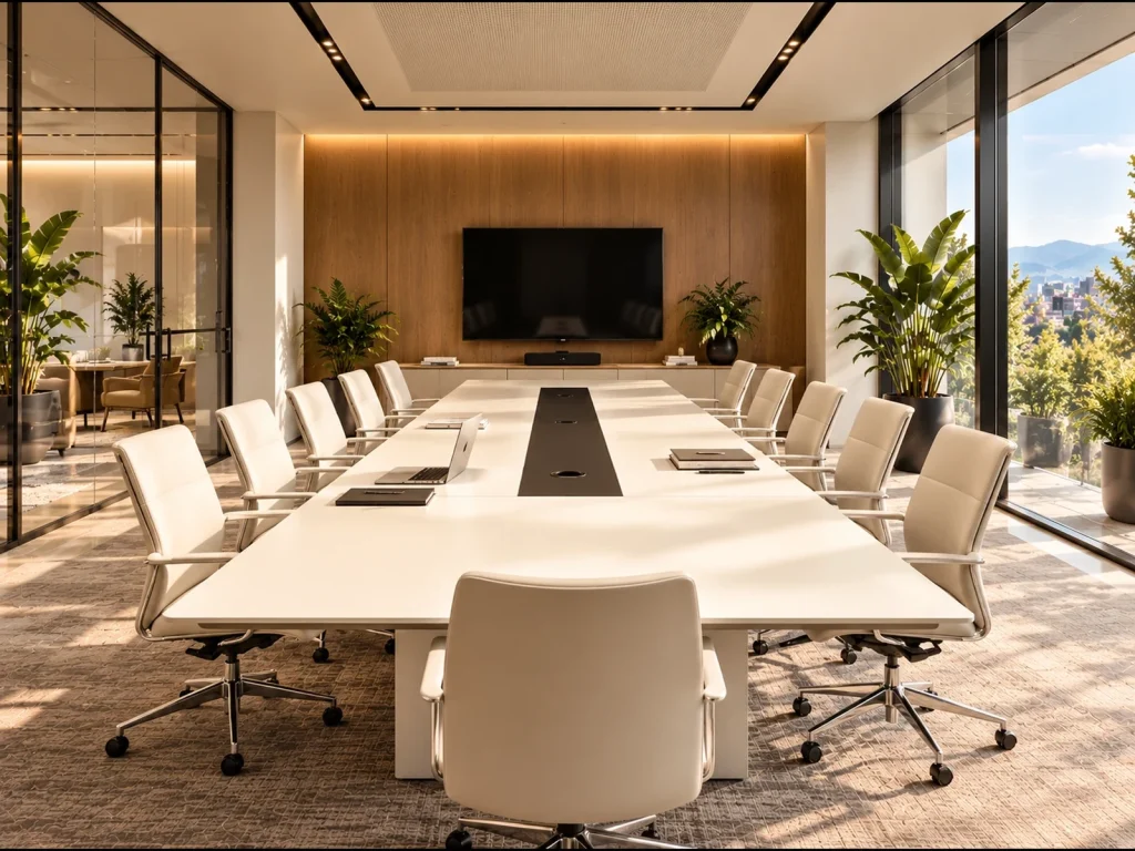 Sala de reuniones con mesa blanca en FENIX, conexiones en la tapa y sillas blancas