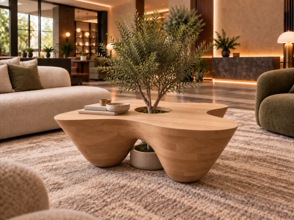 Organic-shaped solid oak coffee table with a small tree in its central opening, machined on a 5-axis CNC by Eban Premium