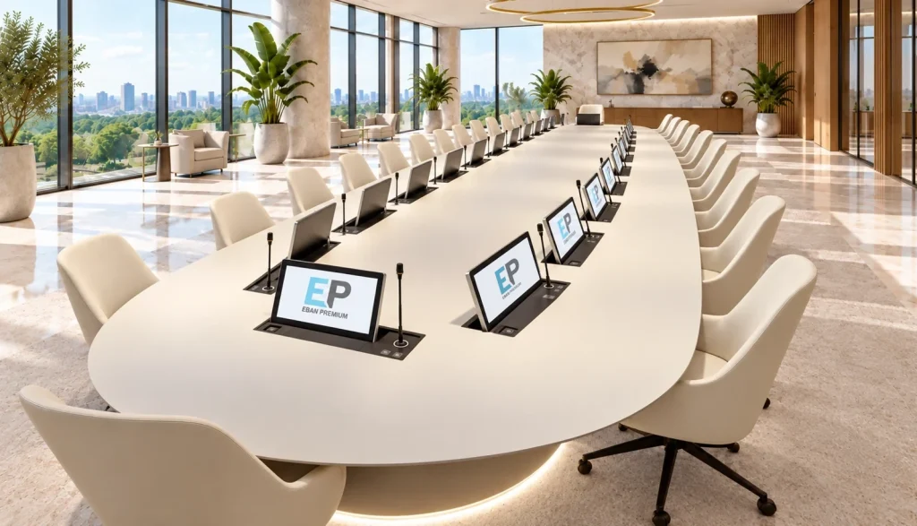 Oval boardroom table by Eban Premium with pop-up monitors in a boardroom