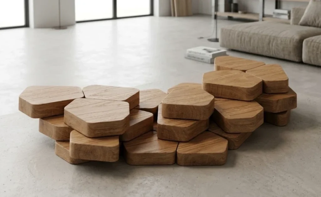 Coffee table made of polygonal solid oak pieces stacked on several levels, in a living room with a microcement floor