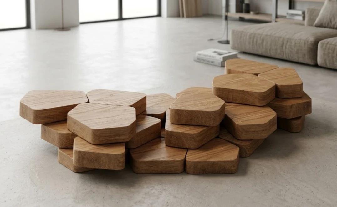 Coffee table of polygonal solid oak pieces