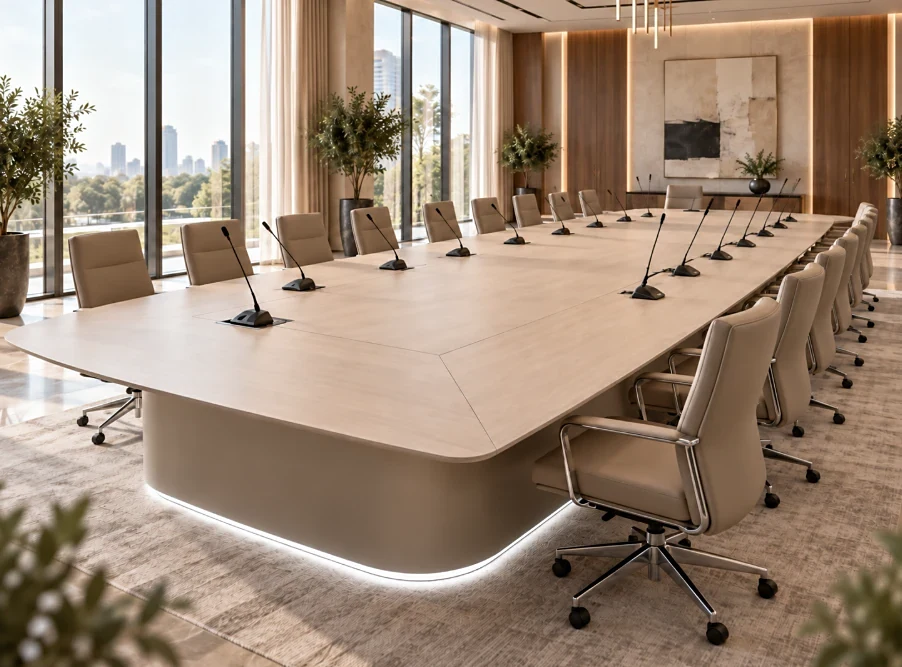 Large meeting table in HPL with a lacquered base