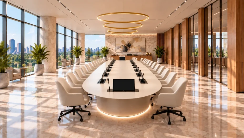 Boardroom with an oval table, pop-up monitors and microphones and a lit plinth