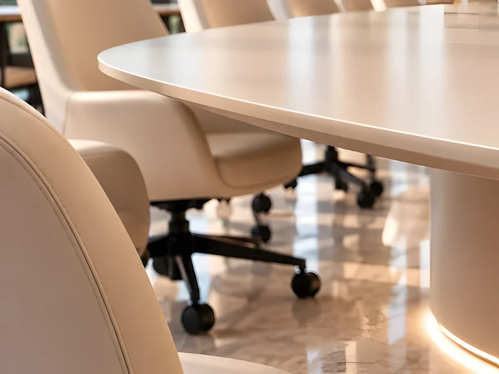 Edge detail of a white lacquered oval meeting table on a lit pedestal