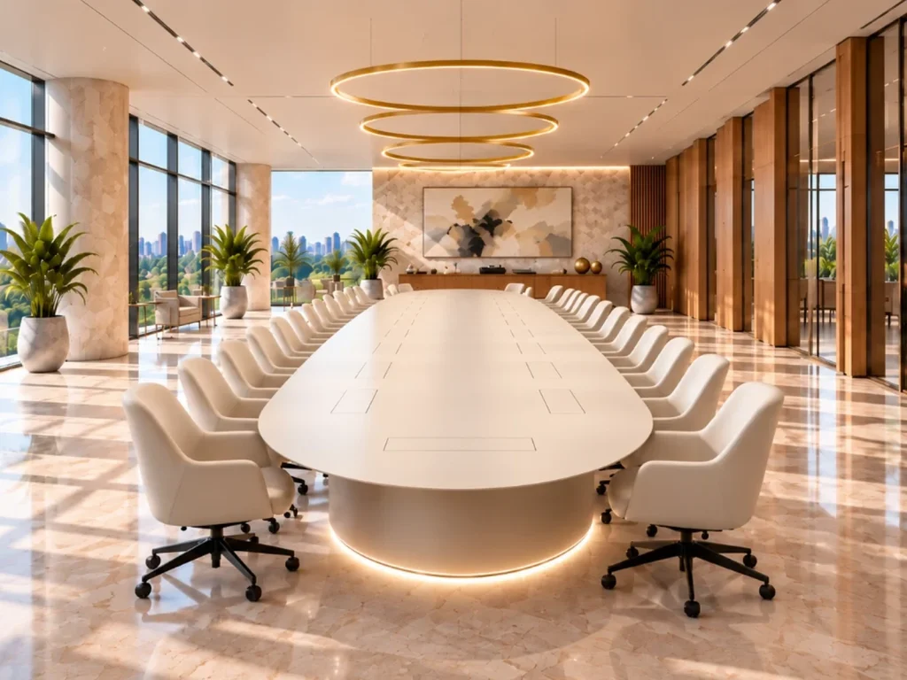 Oval boardroom table with the technology hidden in the top and a lit plinth