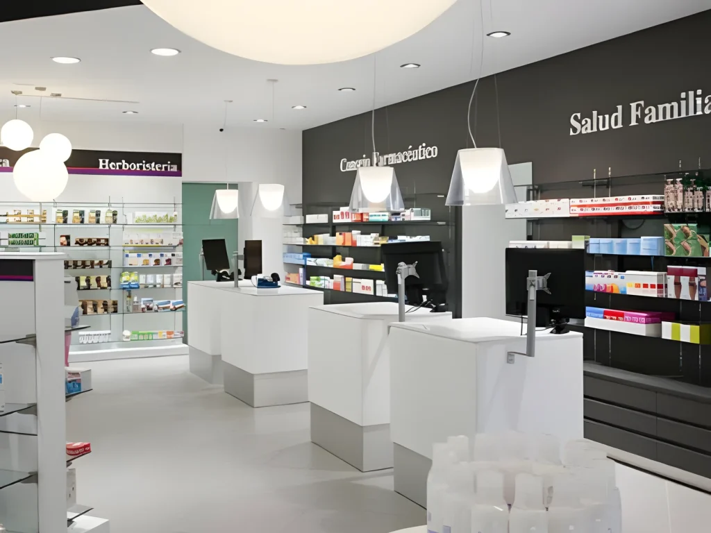 Farmacia con mostradores blancos y lineales de exposición en lacado gris