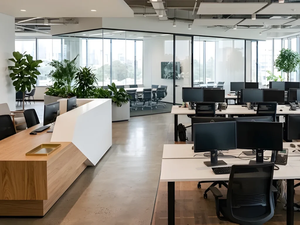 Sede corporativa con mostrador de recepción en roble y solid surface Krion blanco de Porcelanosa, puestos de trabajo y sala de reuniones acristalada