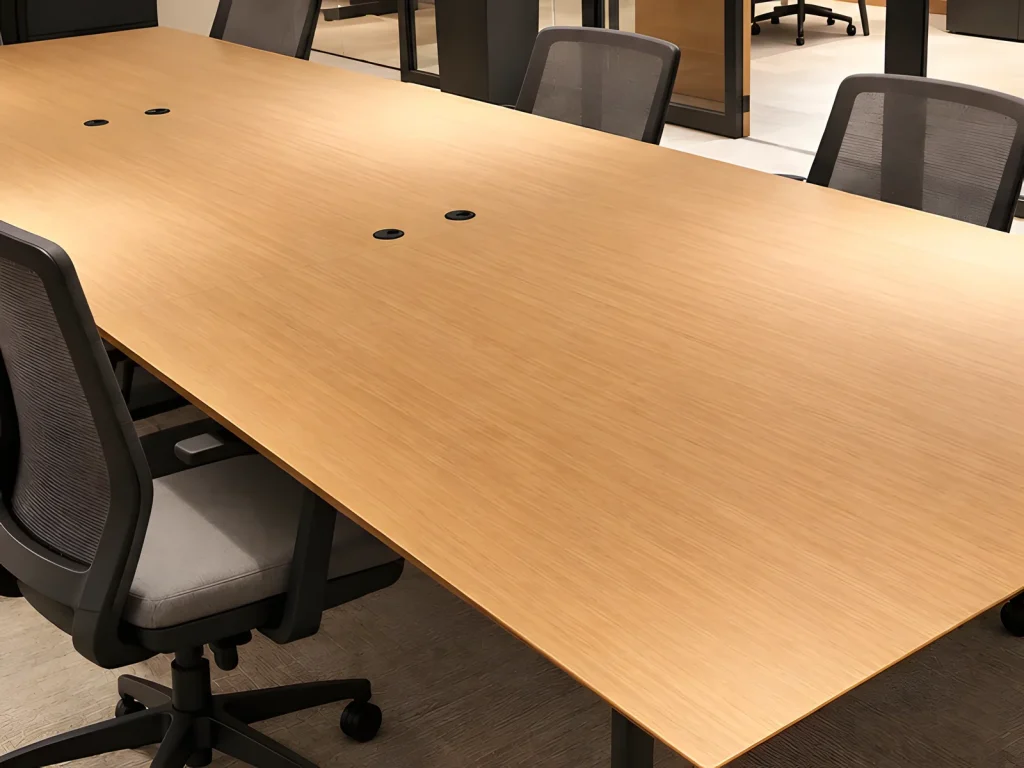 Double meeting table in oak veneer with the grain running continuously from end to end
