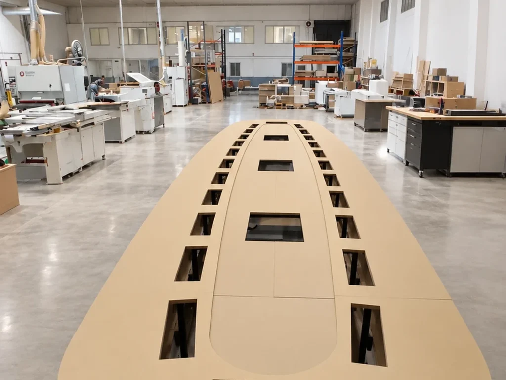 Top of an oval boardroom table pre-assembled in the factory, with cut-outs for monitors, microphones and connections