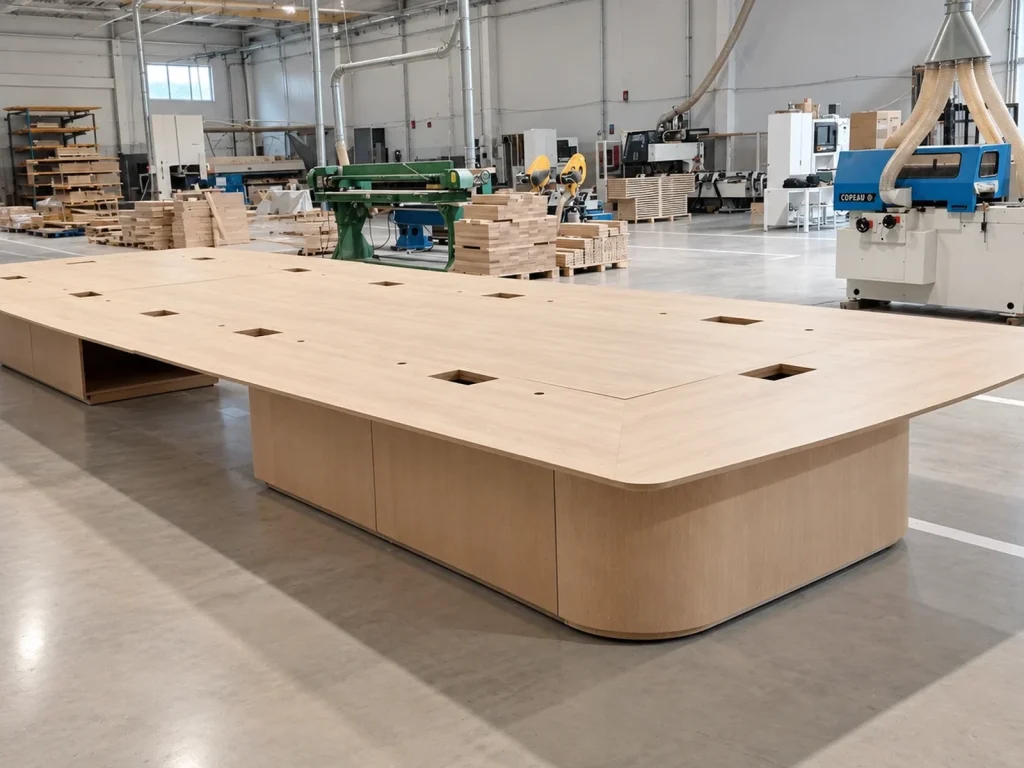 Oak veneer boardroom table with rounded pedestals pre-assembled in the factory, with cut-outs for the connections