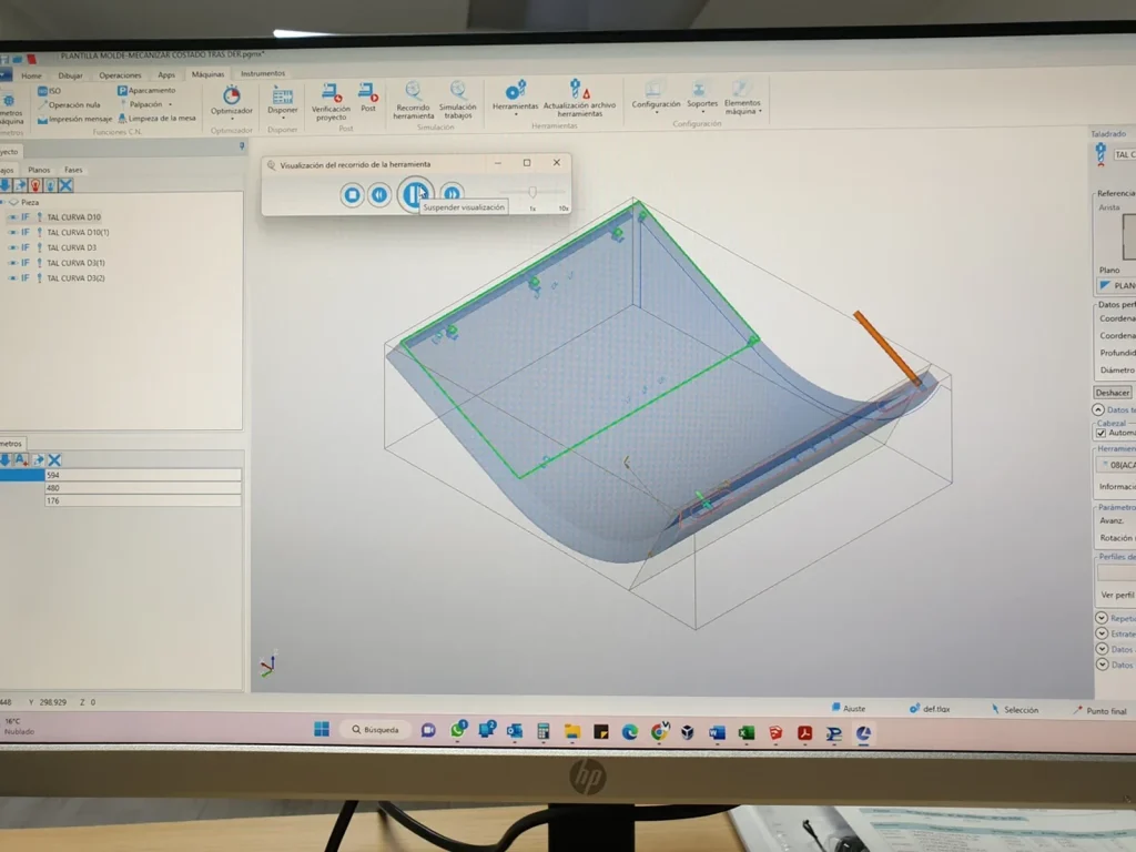 CAM software simulating the tool path to machine a curved former on the CNC